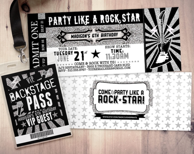 ROCK STAR concert ticket birthday party invitation- Music invitation- printable, rockstar party, pop star, animal print, 80's, invite,retro