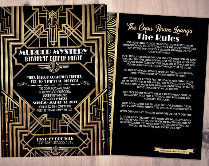 Murder Mystery Dinner Party Invitation, Vintage Party Invitation, Printable Birthday Invite, Great Gatsby, Hollywood glam,