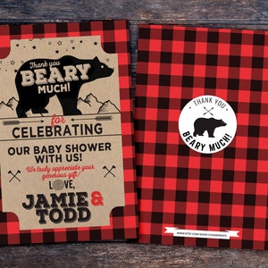 Shower de bébé, merci, fichier numérique uniquement, carte de remerciement de bûcheron, anniversaire de bûcheron, Buffalo Plaid Woodland. ours carte de remerciement