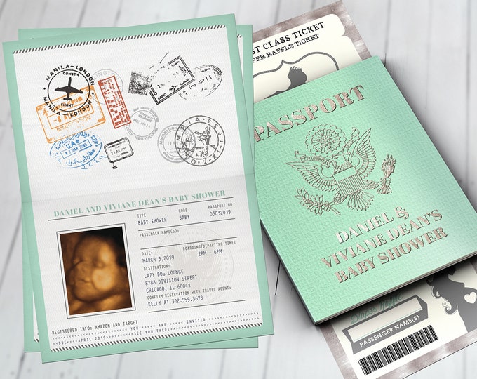 PASSPORT and TICKET baby shower invitation, Coed baby shower invitation- travel baby shower invitation- couples baby shower