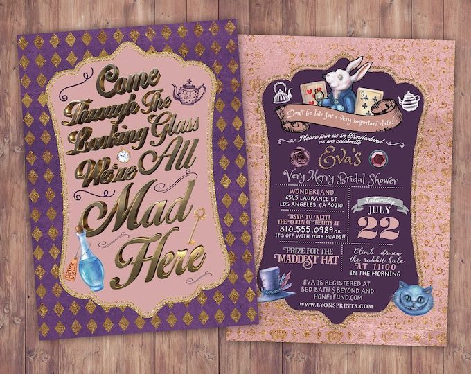 Wedding, bridal shower, Tea Party, Wonderland Invitation, Birthday Invitation, through the looking glass, invite