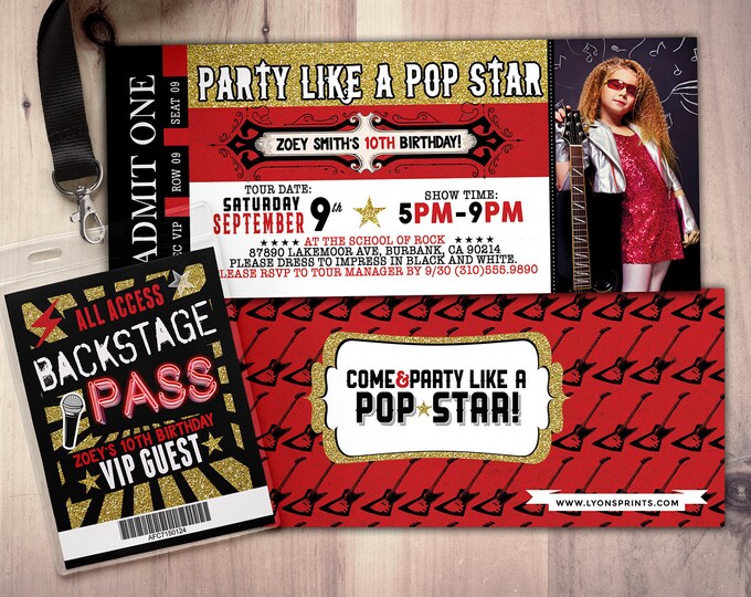 Pop star, Rock Star concert ticket birthday party invitation- Music invitation- printable, rockstar party, pop star, karaoke party,