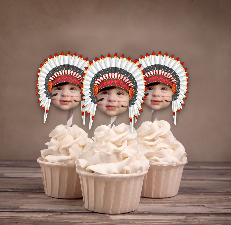 Photo Cupcake Toppers, Digital File, Indian, chief, western,, first birthday, Thanksgiving, pow wow, party, birthday, western image 3