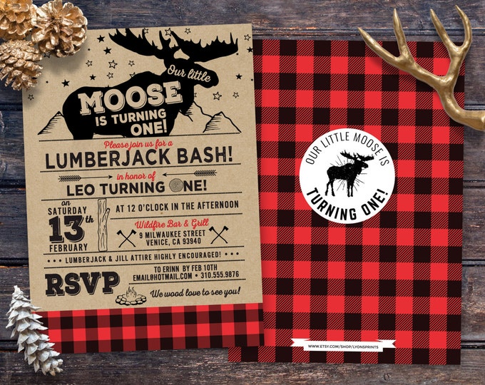Lumberjack birthday Invitation, Buffalo Plaid Woodland Invitation, Lumberjack Invite, moose invite, bear invite, camping invitation