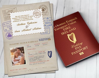 Personalised PASSPORT and TICKET wedding invitation, RSVP card, destination wedding, Ireland, Irish, wedding, Ireland Irish Eire, Travel
