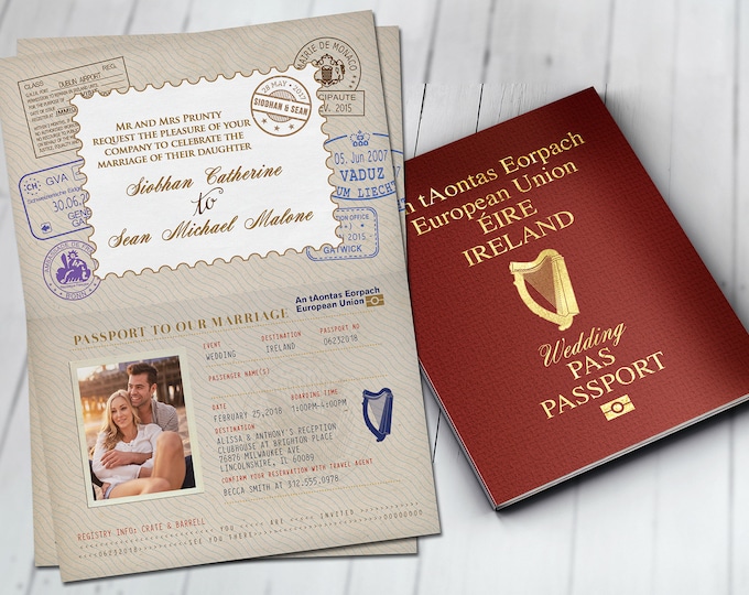 Personalised PASSPORT and TICKET wedding invitation, RSVP card, destination wedding, Ireland, Irish, wedding, Ireland Irish Eire, Travel