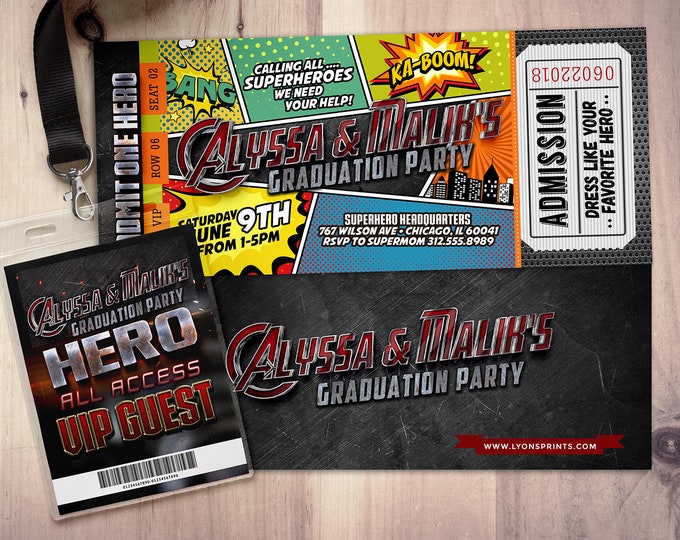 Graduation party, Super Hero party invitation, boy birthday invitations / Theme park, super hero birthday, comic ticket, Digital files