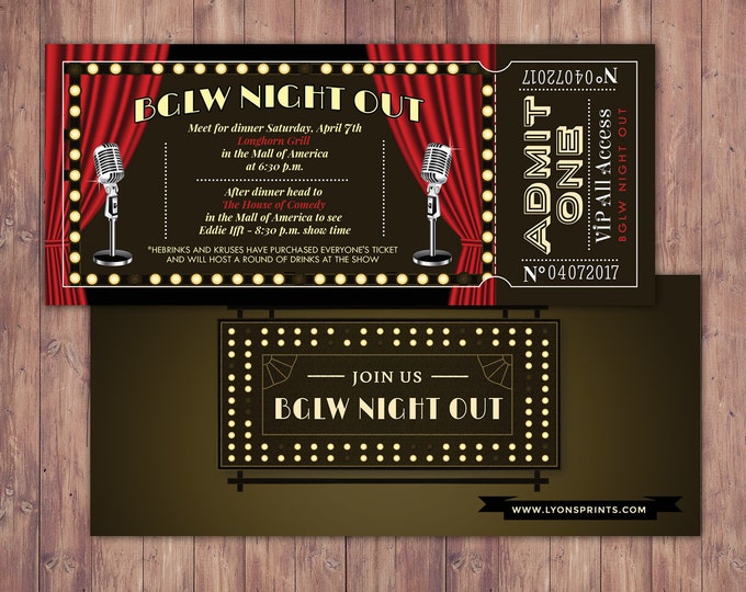 Comedy club ticket invitation, birthday invitation, night out invitation, ticket invitation, Gatsby, Great Gatsby, Roaring 20s, 1920s Party,