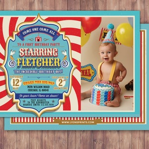 Erster Geburtstag - Zirkuskarte-Karnevalskarteneinladung - Vintage Zirkus, Retro, Ticketeinladung, Karneval, Zirkus-Geburtstagseinladung