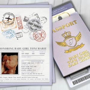 Invitation à une baby shower PASSEPORT et BILLET ! Invitation de baby shower étudiante - invitation de baby shower de voyage - fichiers numériques uniquement
