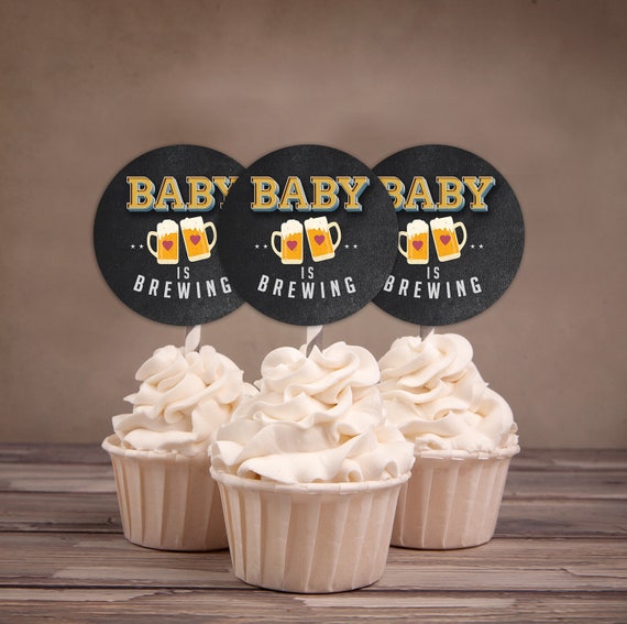 Baby is brewing, cupcake toppers, Coed baby shower, Beer baby shower, couples baby shower BBQ, retro, beer tasting, printable files Il_570xn