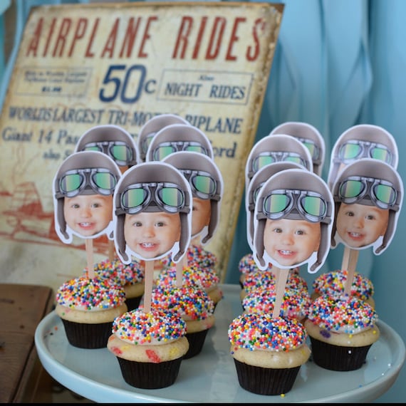 Photo Cupcake Toppers Digital File, Aviator, airplane birthday, vintage airplane,Birthday Party, first birthday , 1st, Airplane, party decor Il_570xn