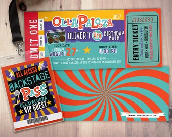 Peut inclure: Un ensemble d'invitations colorées pour une fête d'anniversaire, comprenant un billet, un laissez-passer pour les coulisses et une carte avec un motif tourbillonnant. Le billet indique "Ollapalooza" et comprend les détails de l'événement.
