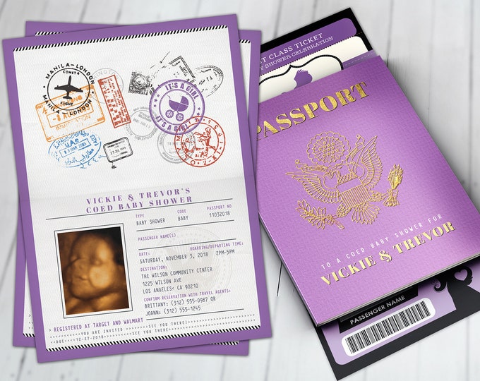 PASSPORT and TICKET baby shower invitation! Coed baby shower invitation- travel baby shower invitation- Digital files Only