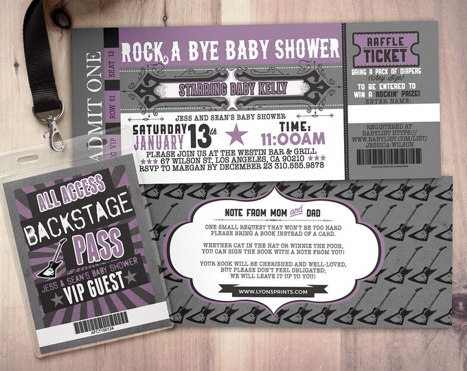 Rockstar baby shower invitation, Coed baby shower invitation, Rockabye baby shower, ticket invitation, rockstar baby