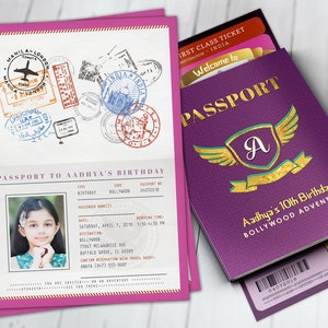 Invito di compleanno PASSAPORTO e BIGLIETTO, Bollywood- invito festa di compleanno di viaggio- compleanno-etnico, India, indù