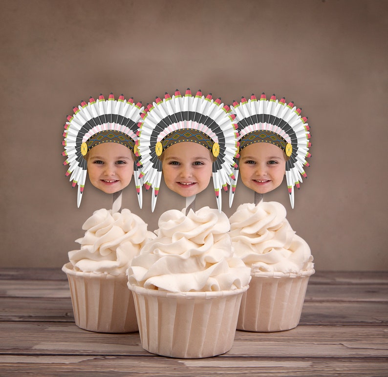 Photo Cupcake Toppers, Digital File, Indian, chief, western,, first birthday, Thanksgiving, pow wow, party, birthday, western image 9