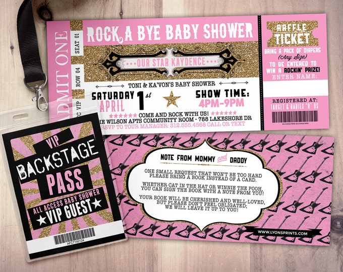 Rockstar ticket baby shower invitation, Coed baby shower invitation,  Rock baby shower invitation,  couples baby shower, music theme