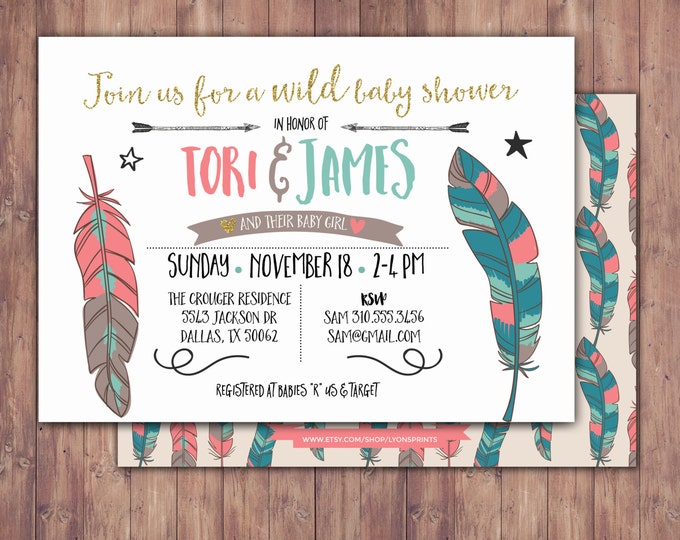 Tribal, Baby Shower Invitation, BOHO Baby shower Invite, feathers , invitation, arrows, pow wow, baby girl, baby boy, couples shower, coed