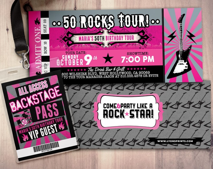 Rockstar concert ticket birthday party invitation- Music invitation, rockstar party, drums, 40th, 30th, 21st, 50th, 60th, 75th