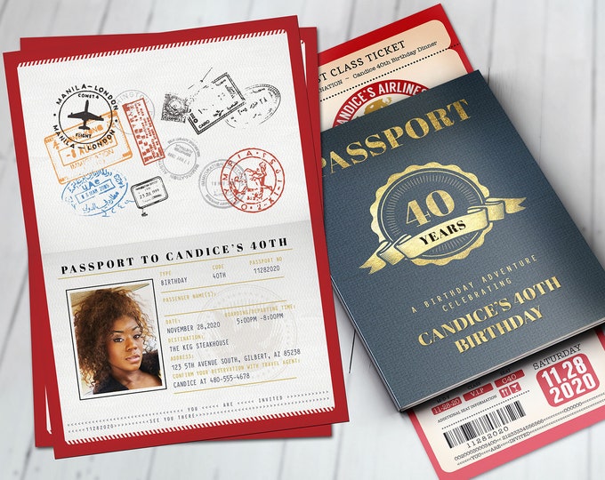 PASSPORT and TICKET birthday invitation, travel birthday party invitation, retirement party, going away party, travel, Digital files only