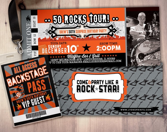 ROCK STAR concert ticket birthday party invitation- Music invitation, rockstar party, drums, 40 rocks, 30th,21st,50th, 60th,75th