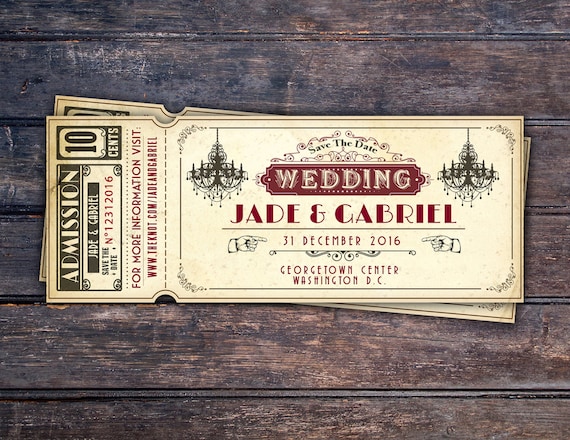 Art DecoVintage Retro Save the Date Ticket Announcement, wedding invitation, wedding shower, old Hollywood , Cinema, retro cinema ticket Il_570xn