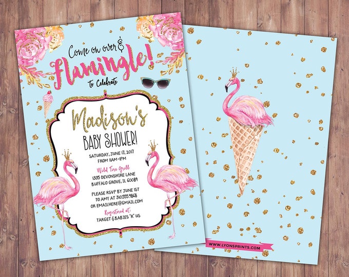 Baby Shower, Flamingo invitation, Flamingo party, pool party invitation, birthday invitation, pink gold invitation, glitter invitation,