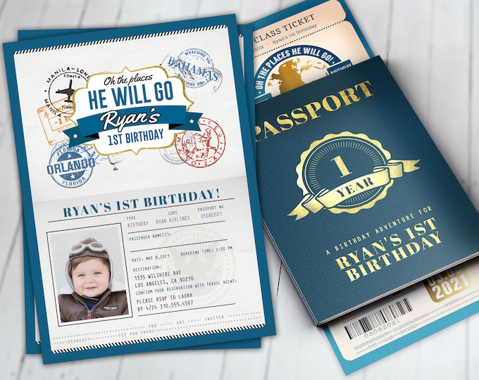 Passport and ticket birthday invitation, travel birthday party invitation, retirement party, going away party, travel, Digital files only