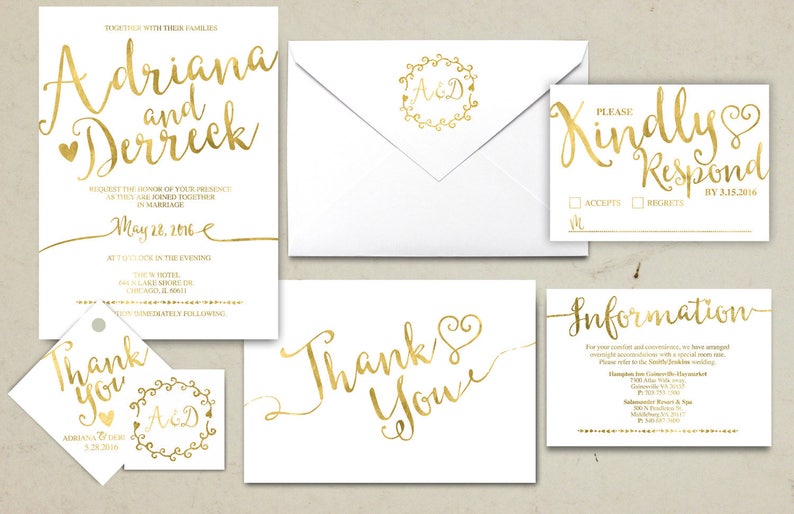 info card RSVP monogram Gold Wedding Invitation Printable Kraft,Wedding Invitation Suite hand lettered typography theme