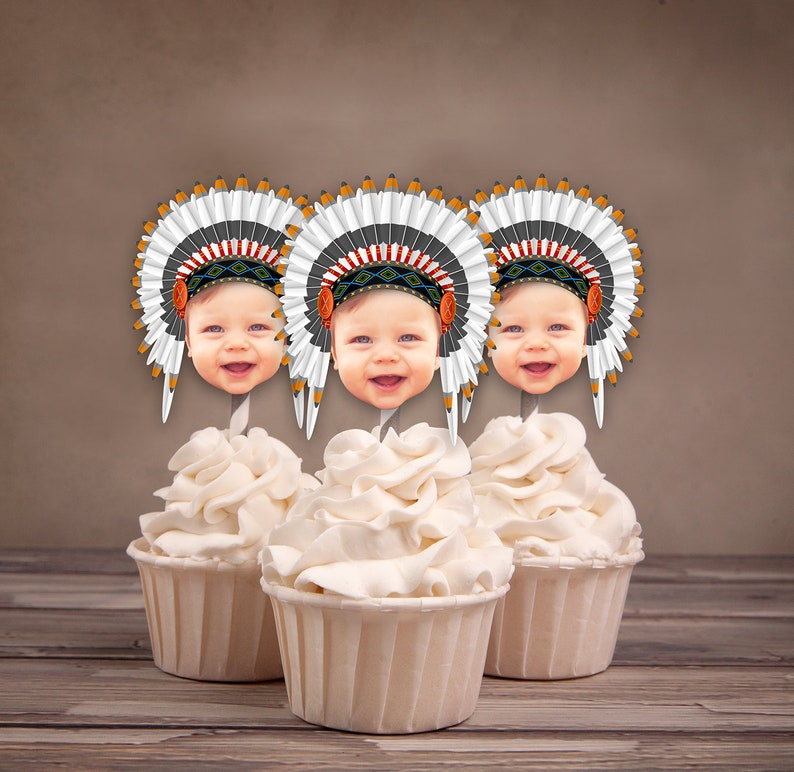 Photo Cupcake Toppers, Digital File, Indian, chief, western,, first birthday, Thanksgiving, pow wow, party, birthday, western image 4