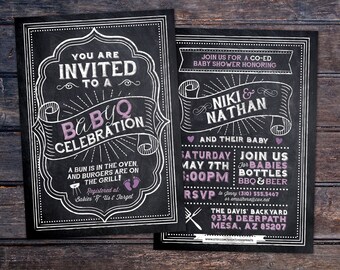 May include: A chalkboard style invitation for a co-ed baby shower. The invitation is for Niki & Nathan and their baby. The event is a BBQ celebration on Saturday, May 7th at 1:00 PM. The invitation includes the text "Join us for babies bottles BBQ & beer".