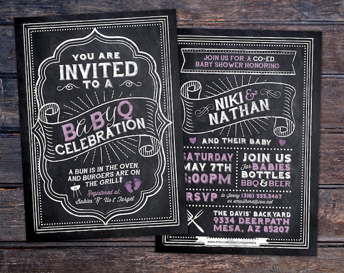 BabyQ, chalkboard invite,  co-ed Baby Shower BBQ invitation, baby-q, boy girl gender neutral, baby is brewing, baby boy, baby girl shower