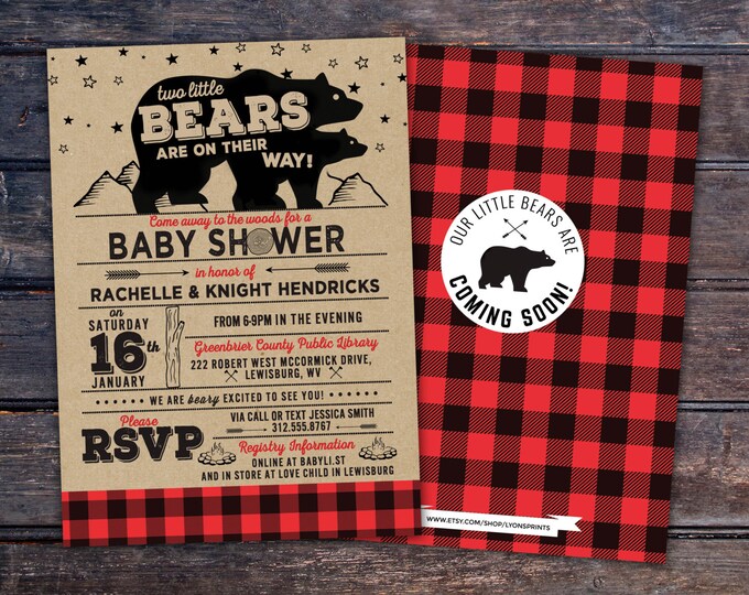 Lumberjack Baby Shower Invitation, digital file only, Buffalo Plaid Woodland Baby Shower Invitation, Lumberjack Invite, Gender Neutral, Bear