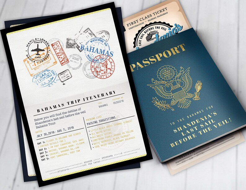 Passport and ticket birthday invitation, travel birthday party invitation, cruise invitation, Bahamas, Digital files only image 4