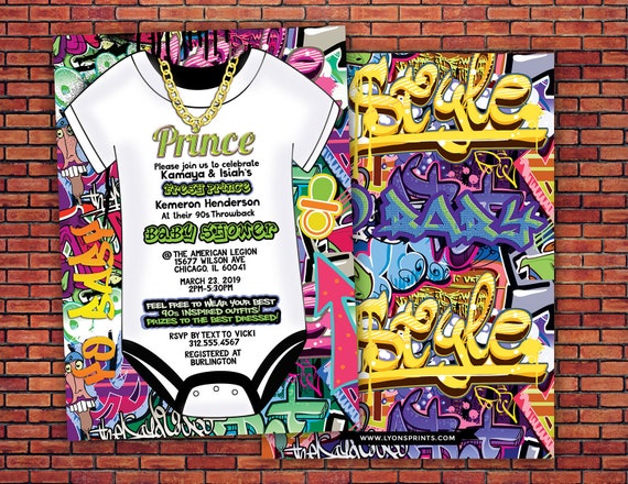 Prince, Baby Shower, Throwback shower, Hip Hop, 90s, Push it shower, Graffiti invite, Fresh, 90s party, hip hop theme, digital invite Il_570xn
