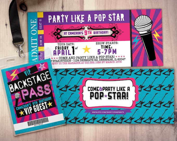 Pop star, Rock Star concert ticket birthday party invitation- Music invitation- printable, rockstar party, pop star, karaoke party,