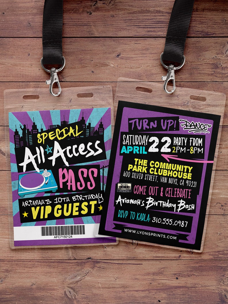 Hip Hop, Swagger, VIP PASS, backstage pass, Vip invitation, birthday invitation, pop star, lanyard, Digital files, Turn table image 1