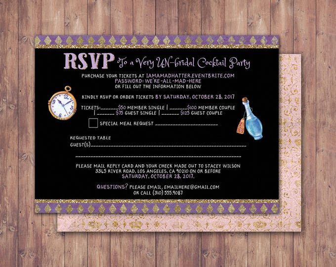 Bridal shower, Tea Party, Wonderland, RSVP card, Birthday,  Printable for Birthday or Wedding coed  Baby shower