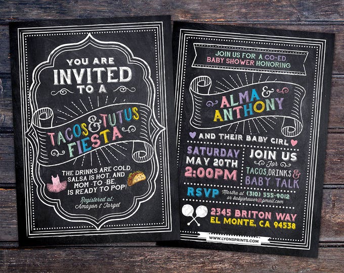 Tacos and Tutus, chalkboard couples co-ed Baby Shower BBQ invitation - babyq - baby is brewing, baby girl shower, fiesta, Mexican