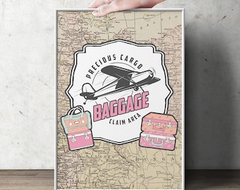 Precious Cargo, table signs, Baby Shower, vintage airplane, luggage, party decor, party printable, airplane party sign