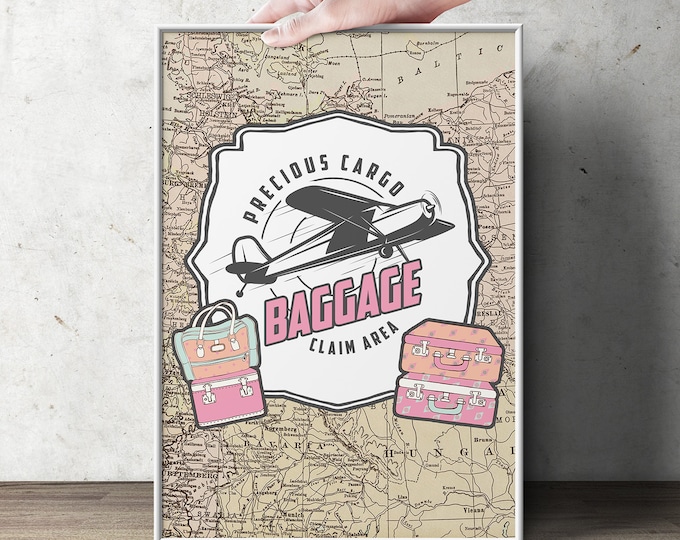 Precious Cargo, table signs, Baby Shower, vintage airplane, luggage, party decor, party printable, airplane party sign