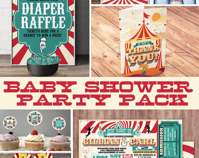 Circus Printable Baby Shower Package - Vintage Circus Big Top Baby Shower DIY Set - invitation, sign, cupcake toppers, thank you card, party