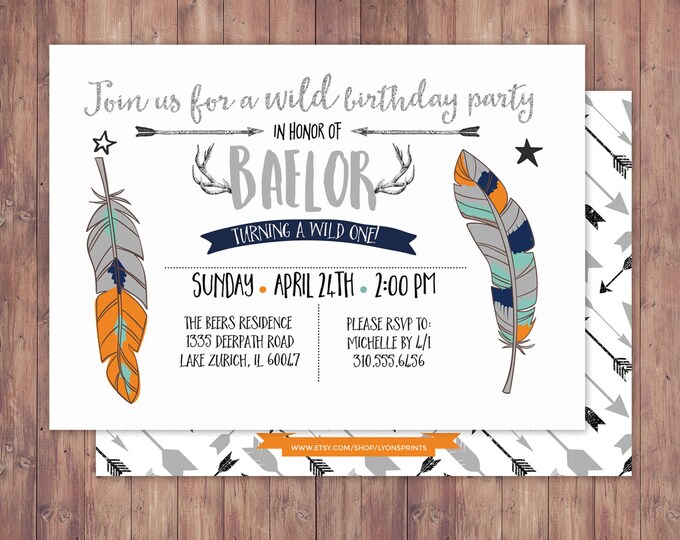 Tribal, birthday Invitation, BOHO birthday Invite, feathers , invitation, arrows, pow wow, baby girl, baby boy, first birthday, 1st, wild