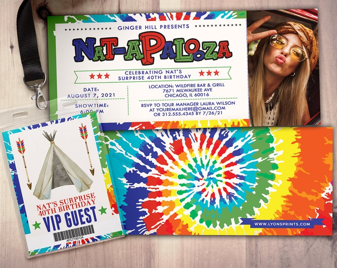 Tie dye Birthday Invitation, ticket invitation, pow wow, BOHO, Tribal, music festival, Rockstar invites, Digital files