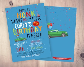 May include: A blue and green birthday party invitation with a cartoon car and balloons. The text reads "Drive by, Honk, Wave and Cheer Corey's 17th Birthday is here!"  Wednesday, June 10th, 3:00-4:00pm. Corey's House, 5567 Wilson Ave, Barrington, IL 6001. Enjoy curbside treats and favors! Don't forget to honk, wave and cheer!!! RSVP: Heather 312.555.5678. www.lyonsprints.com