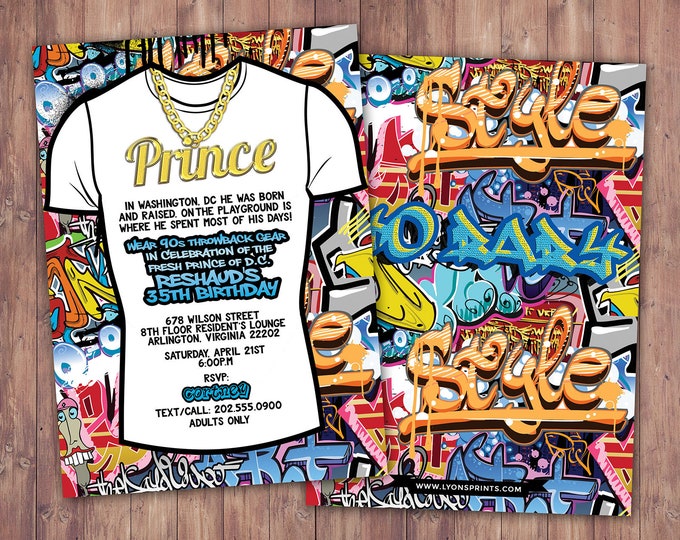 Fresh Prince, Birthday, Baby Shower, Hip Hop, Swagger, 90s, backstage pass, invitation, Graffiti, birthday, DJ, 90s party, HipHop birthday
