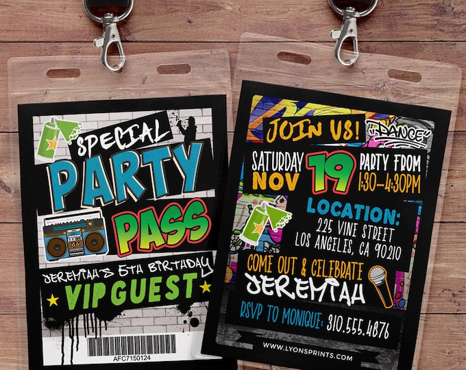 Hip Hop, Swagger, VIP PASS, backstage pass, Vip invitation, birthday invitation, pop star,Graffiti, birthday,90's party, Digital files