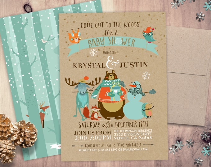 Woodland Baby shower, Woodland birthday, Winter ONEderland Birthday Party Invitation, Woodland Fox Invite, forest animals, lumberjack