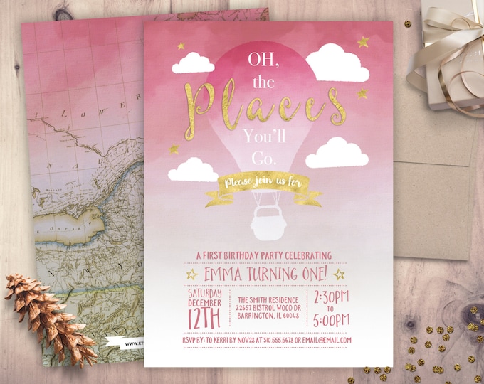 Travel, vintage, hot air balloon , birthday Invitation •  birthday Invitation • any age birthday, precious cargo